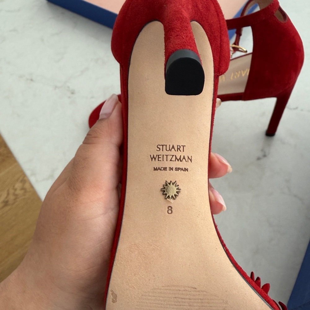 Stuart Weitzman Red Floral Suede Ankle-Strap Heels - Picture 4 of 4